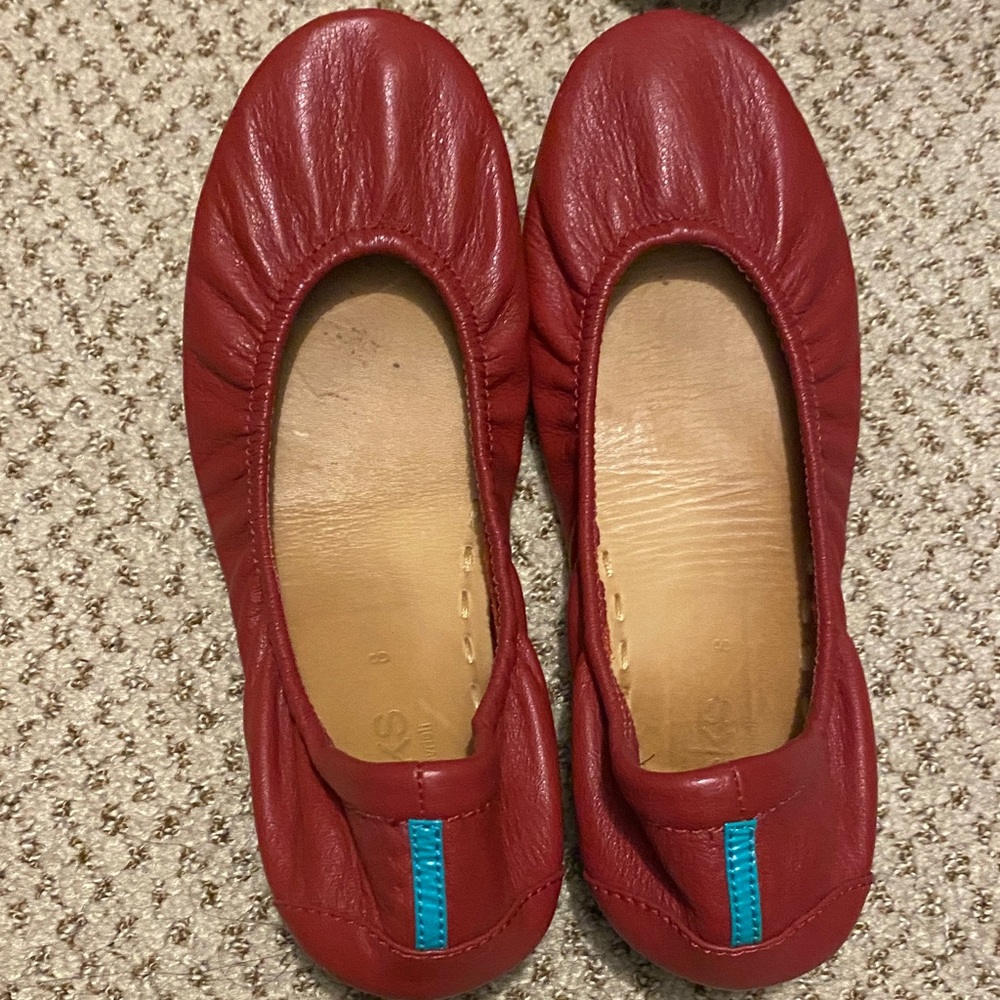 Tieks Red Leather Flats with Turquoise Accent